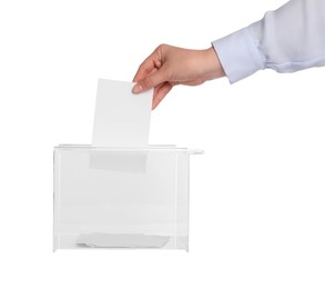 Photo of Woman putting her vote into ballot box on white background, closeup