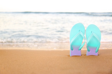 Photo of Stylish flip flops on sand near sea, space for text. Beach accessories