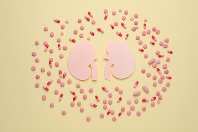 Paper cutout of kidneys and pills on beige background, flat lay