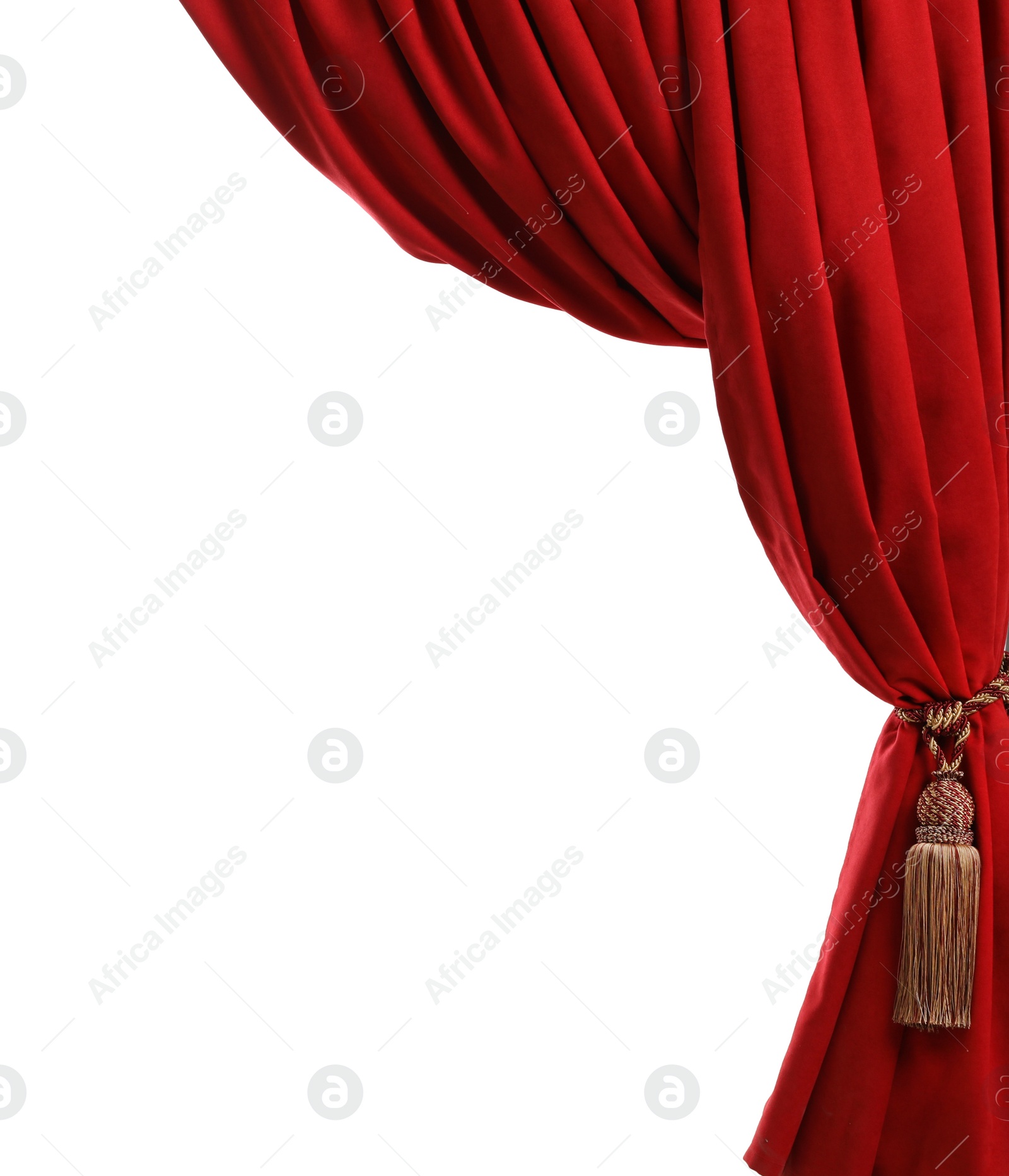 Photo of Beautiful bright red curtain with tassel isolated on white