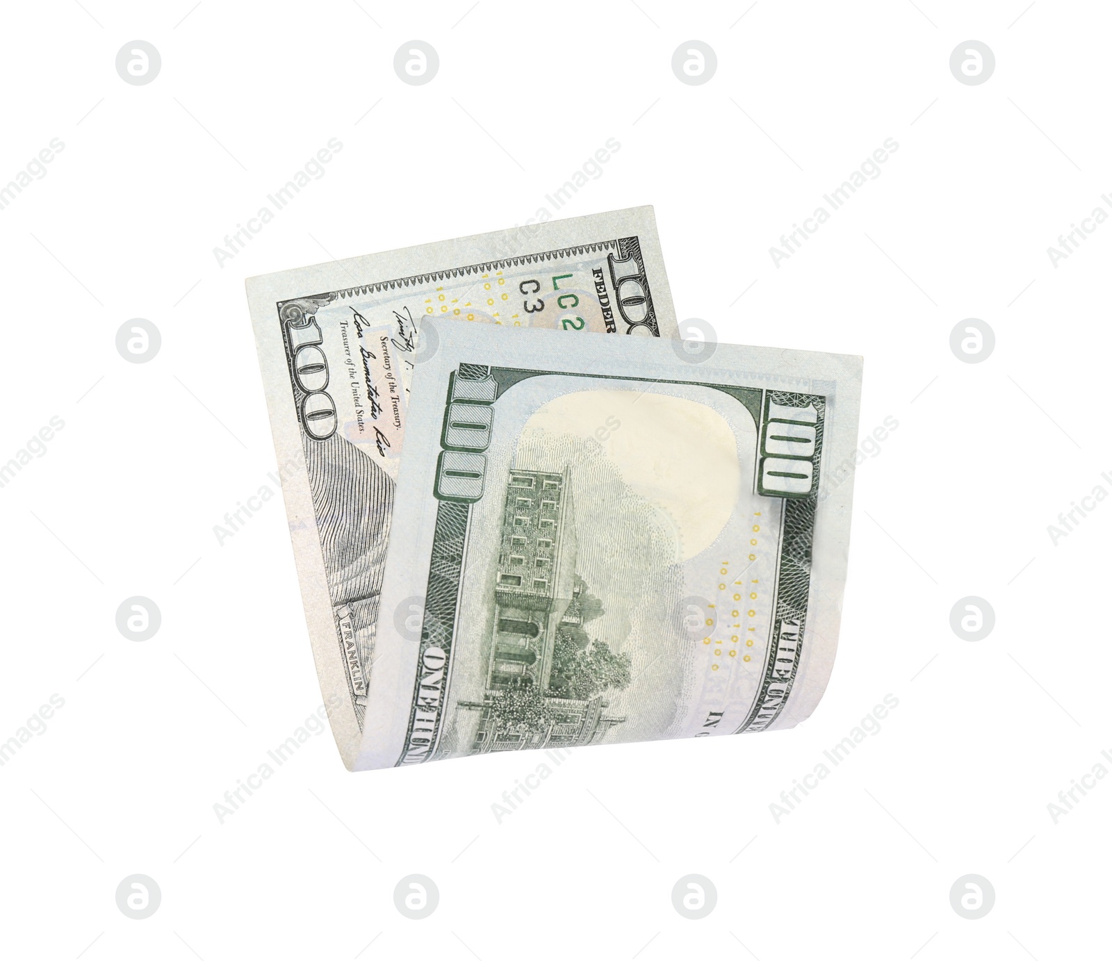 Photo of Dollar banknote isolated on white. Flying money