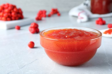 Photo of Delicious rowan jam in bowl on light table. Space for text