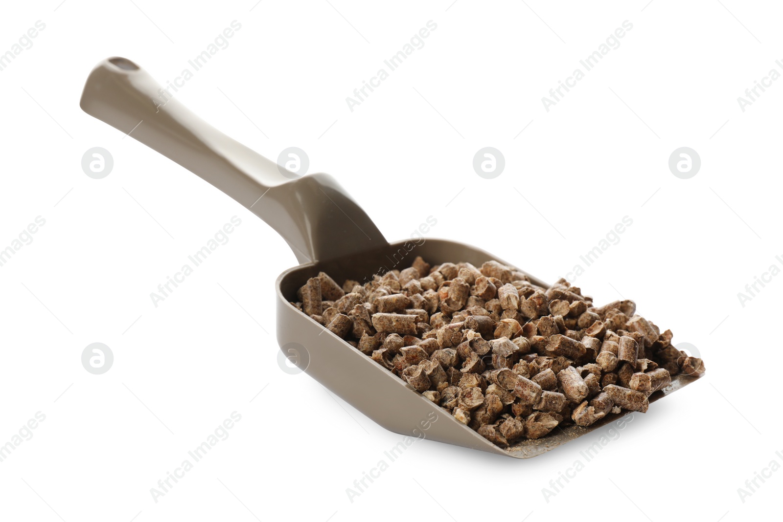 Photo of Plastic scoop with cat litter isolated on white