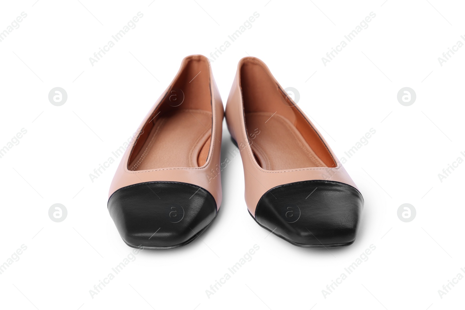 Photo of Pair of new stylish square toe ballet flats on white background
