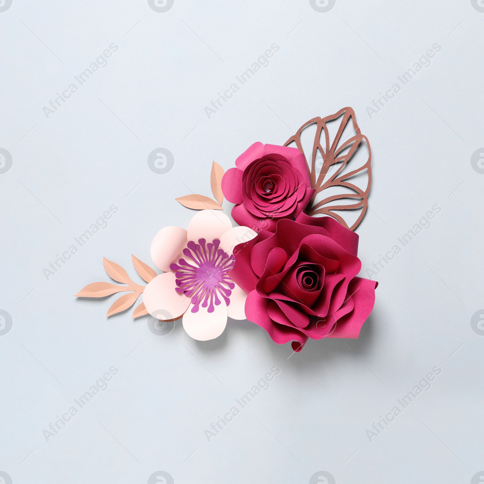 Photo of Different beautiful flowers and branches made of paper on light background, flat lay