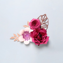 Different beautiful flowers and branches made of paper on light background, flat lay