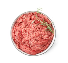 Photo of Fresh minced meat and rosemary in bowl on white background, top view
