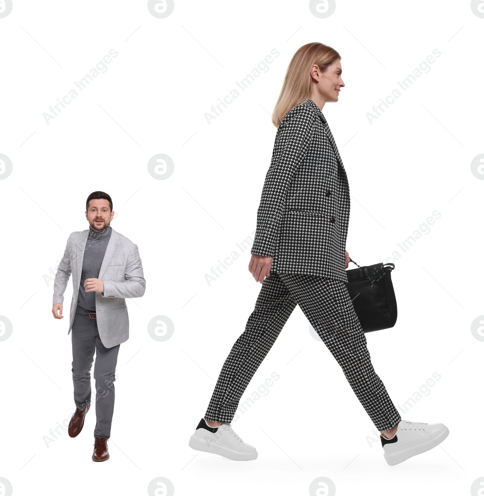 Image of Giant woman and small man on white background