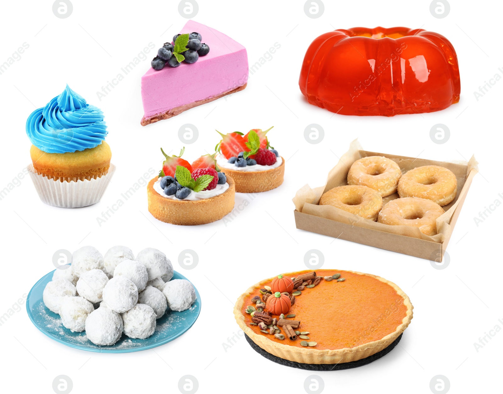 Image of Set with different tasty desserts on white background