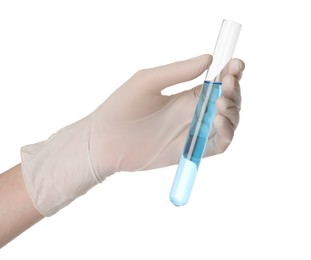 Photo of Scientist in gloves holding test tube with light blue liquid on white background, closeup