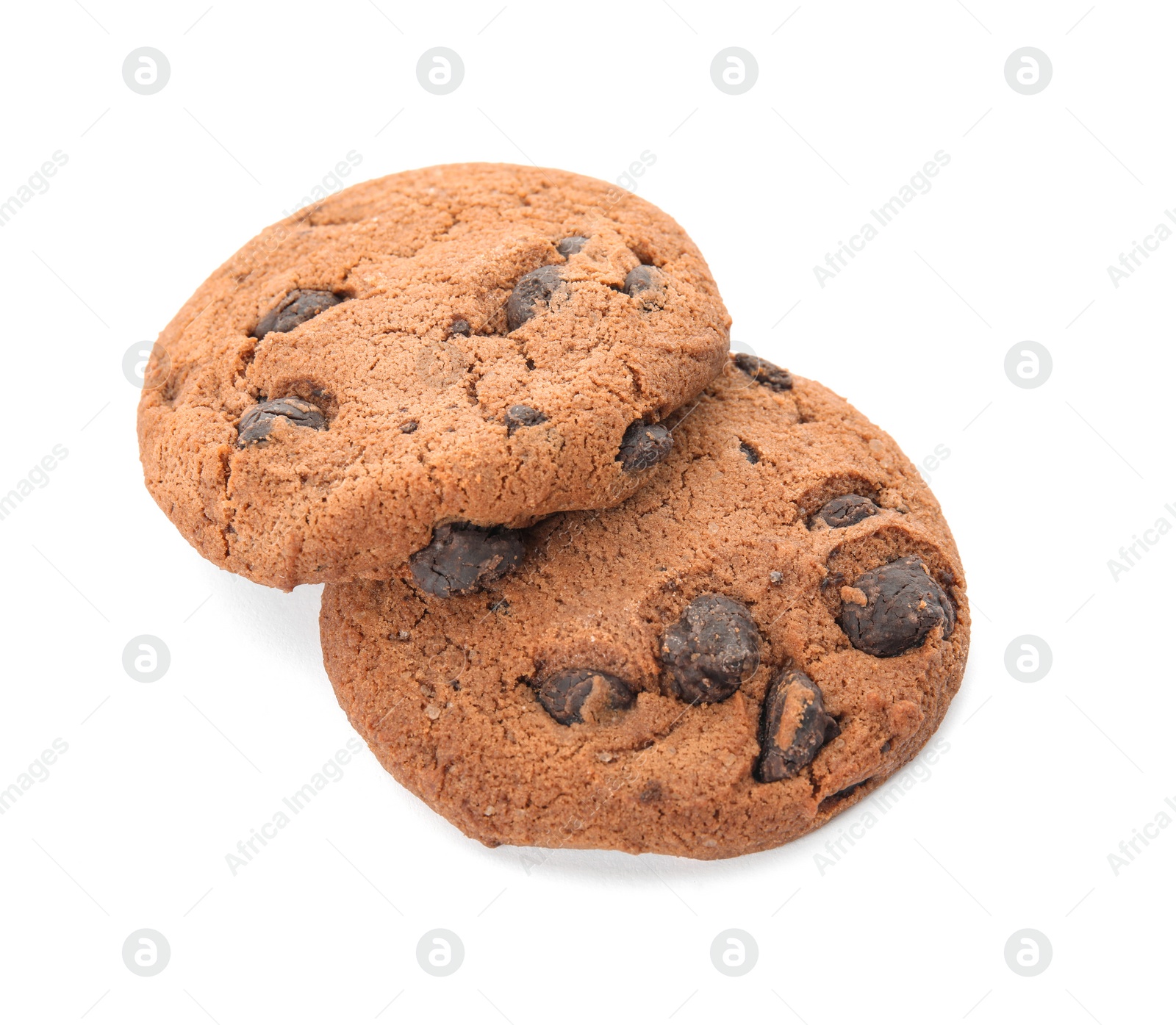 Photo of Tasty chocolate chip cookies on white background