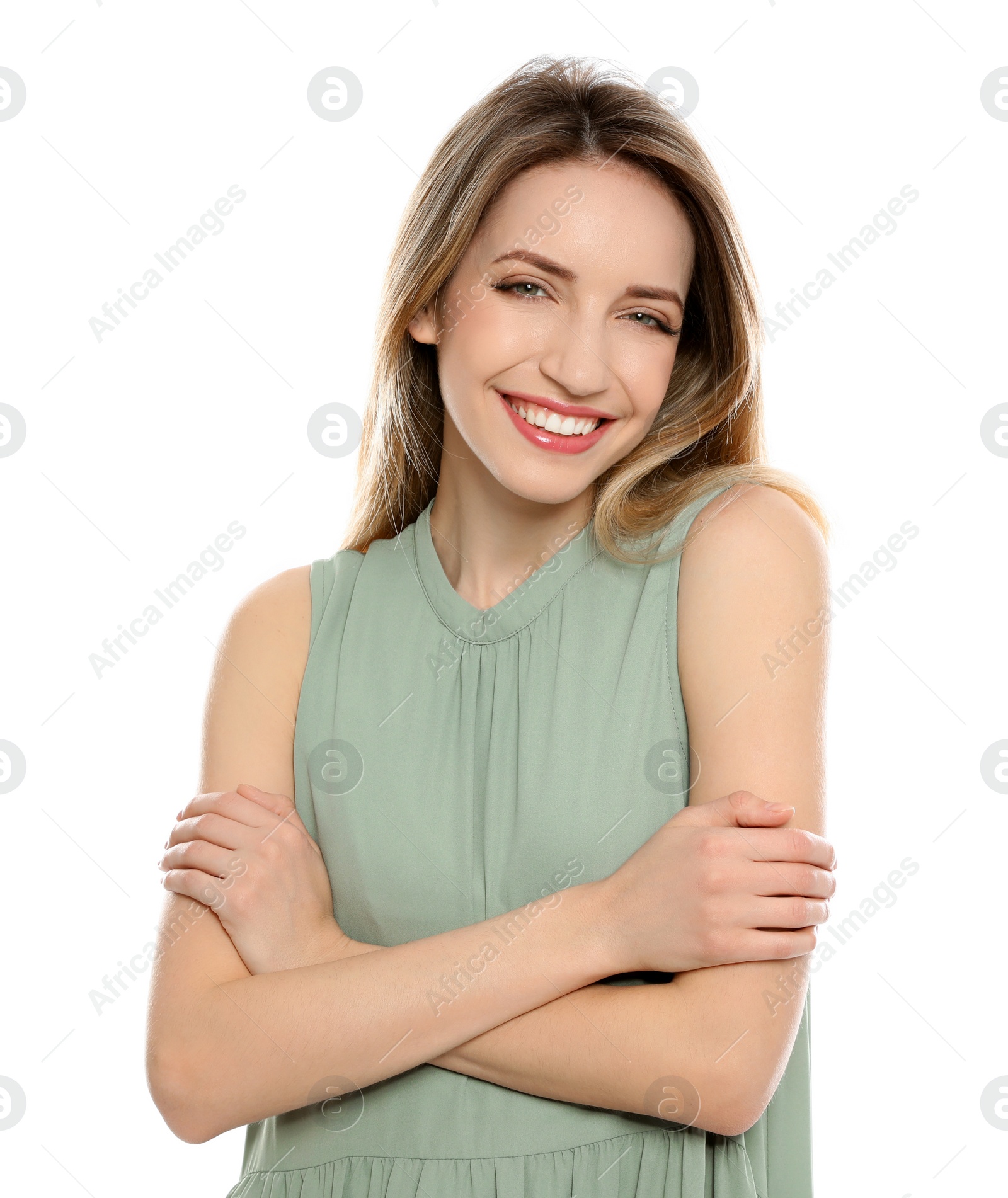 Photo of Portrait of young woman with beautiful face on white background