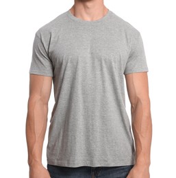 Photo of Man wearing grey t-shirt on white background, closeup. Mockup for design