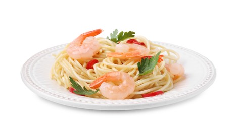 Photo of Tasty spaghetti with shrimps, chili pepper and parsley isolated on white