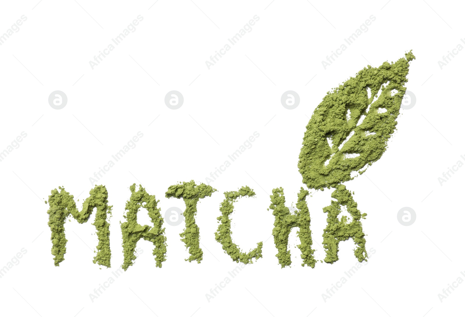 Photo of Word Matcha and leaf made of green powder isolated on white, top view