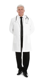 Full length portrait of male doctor with stethoscope isolated on white. Medical staff