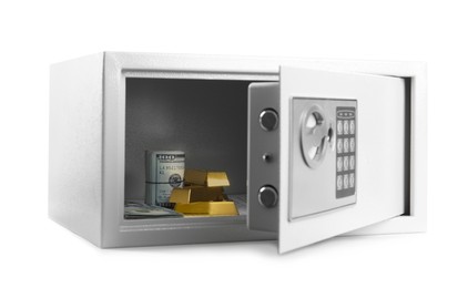 Open steel safe with money and gold bars isolated on white