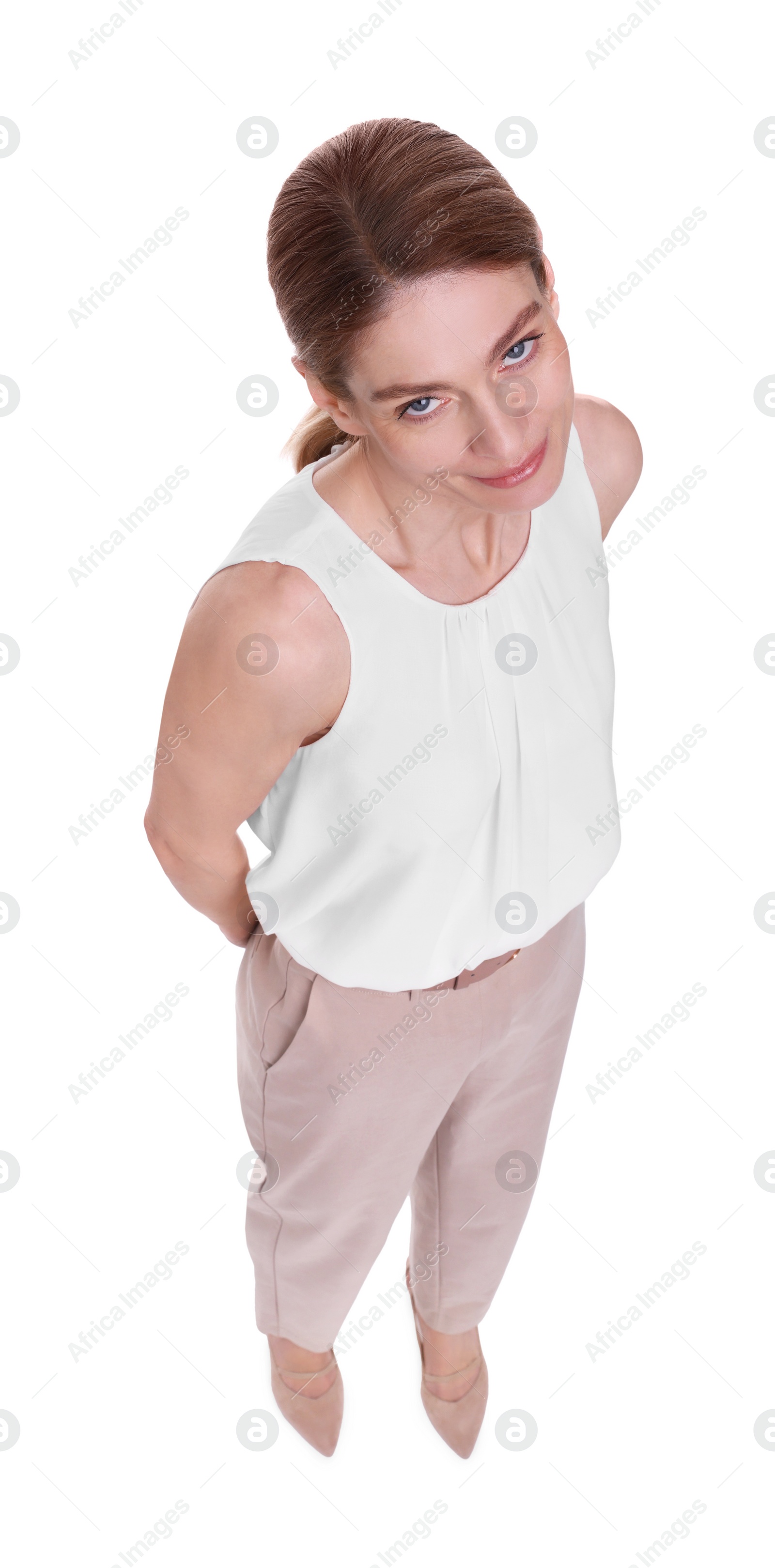 Photo of Beautiful smiling businesswoman on white background, above view