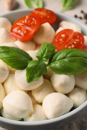 Photo of Delicious mozzarella balls, tomatoes and basil leaves in bowl on table, closeup