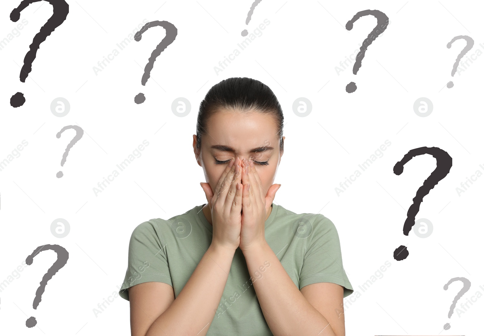 Image of Amnesia. Confused young woman and question marks on white background