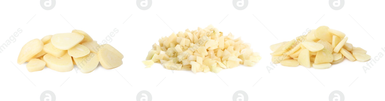 Image of Set of cut garlic on white background. Banner design