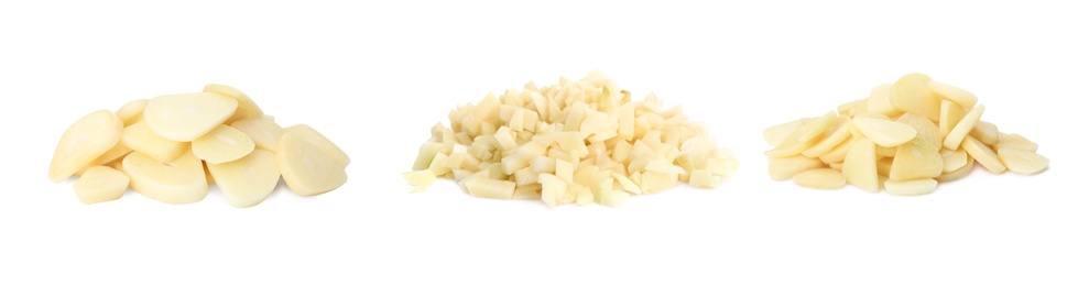 Image of Set of cut garlic on white background. Banner design