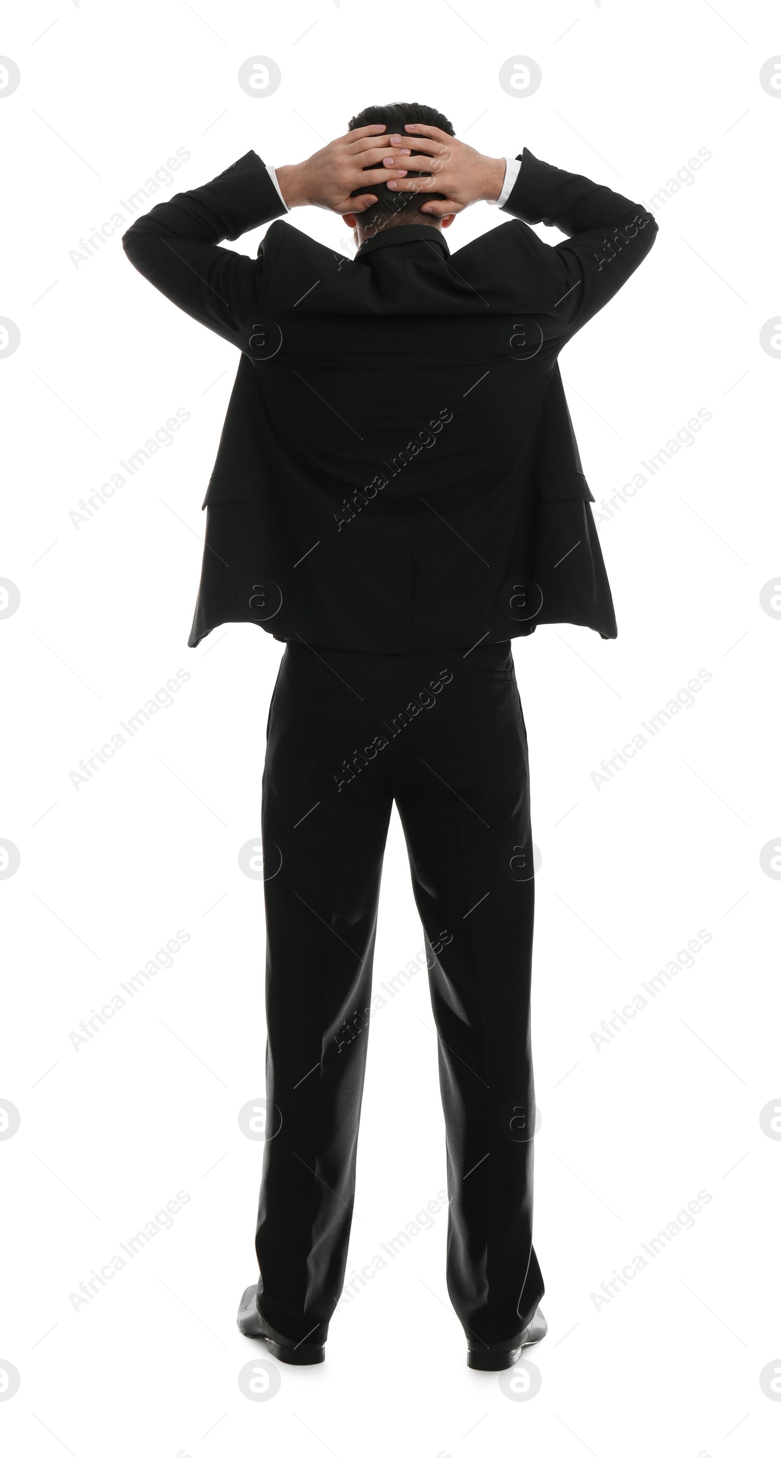 Photo of Businessman in formal suit on white background, back view