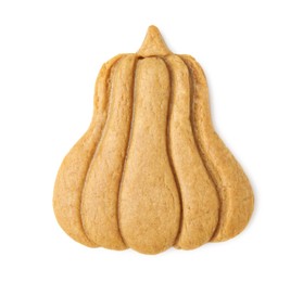 Tasty cookie in shape of pumpkin on white background, top view