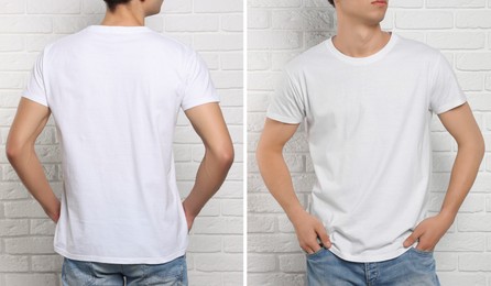 Man wearing white t-shirt near brick wall, back and front view. Mockup for design