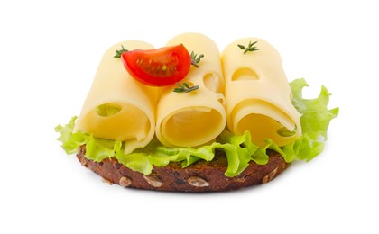 Photo of Tasty sandwich with slices of fresh cheese, tomato, thyme and lettuce isolated on white