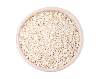 Photo of Dry barley groats in bowl isolated on white, top view