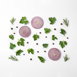 Flat lay composition with green parsley, rosemary, pepper and onion on white background