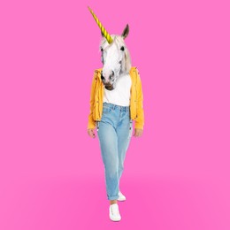 Modern art collage. Woman with unicorn's head on pink background