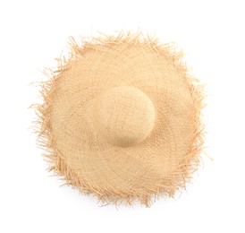 Photo of Straw hat isolated on white, top view. Stylish headdress