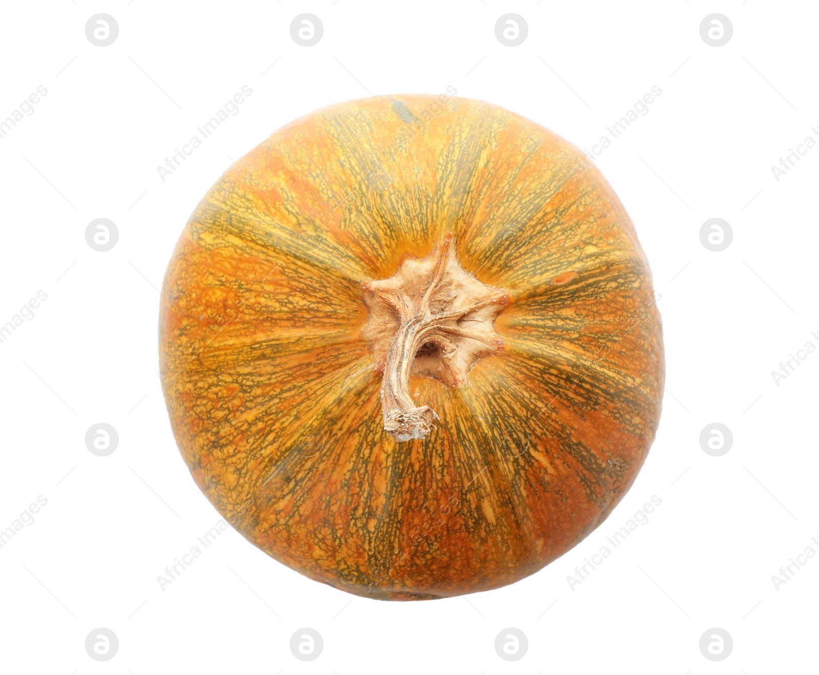 Photo of Fresh raw pumpkin isolated on white, top view. Organic plant