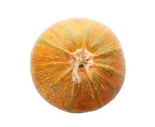 Photo of Fresh raw pumpkin isolated on white, top view. Organic plant