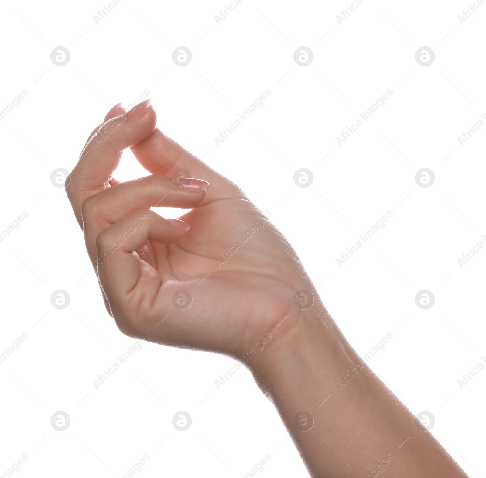 Photo of Woman holding something on white background, closeup