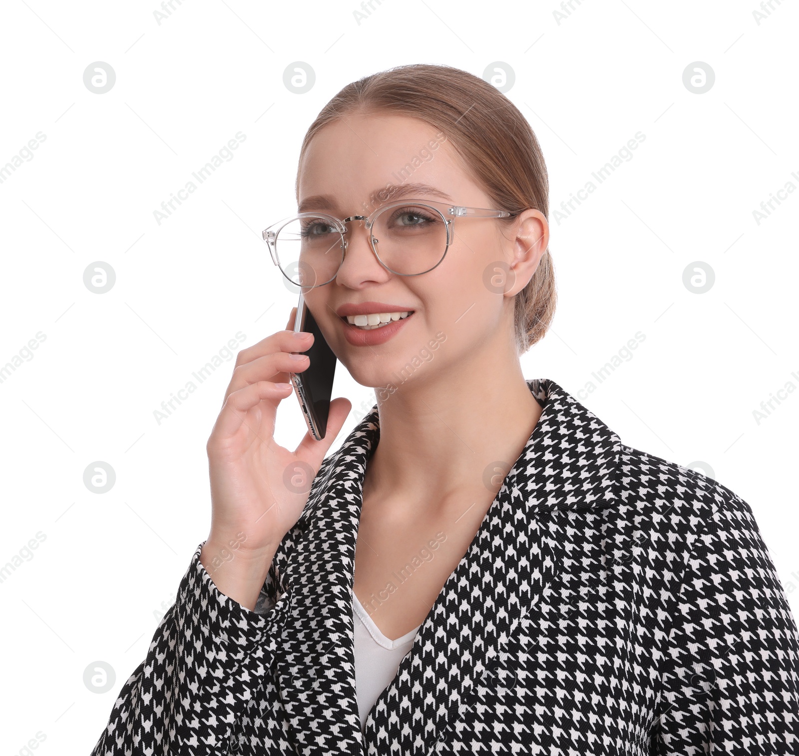 Photo of Young businesswoman talking on mobile phone against white background