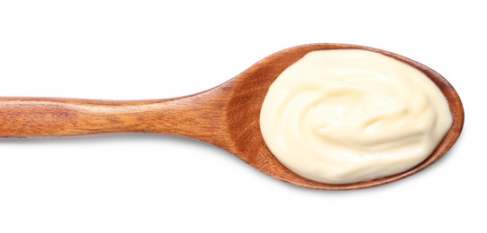 Wooden spoon with mayonnaise isolated on white, top view