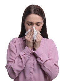 Photo of Woman blowing nose on white background. Cold symptoms