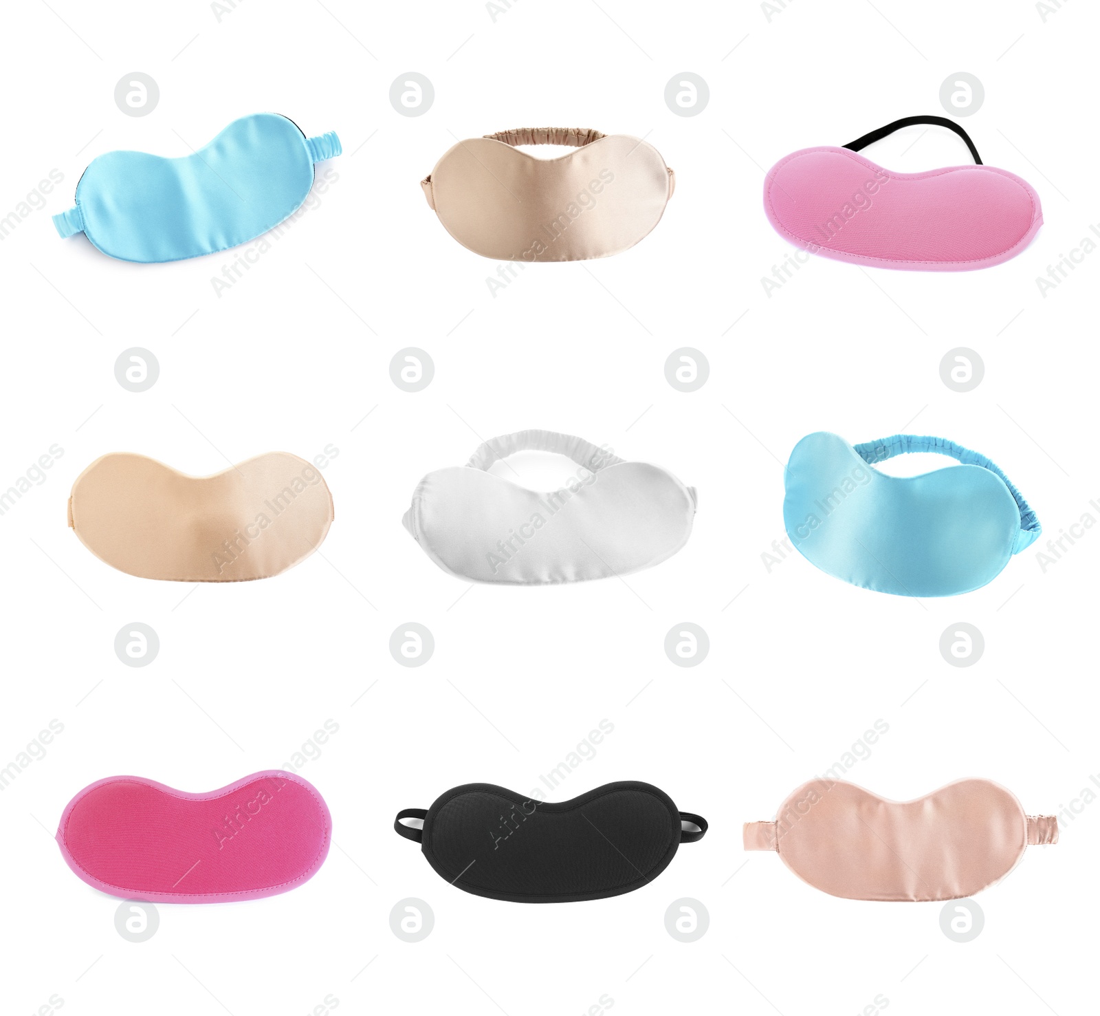 Image of Set of sleeping eye masks on white background