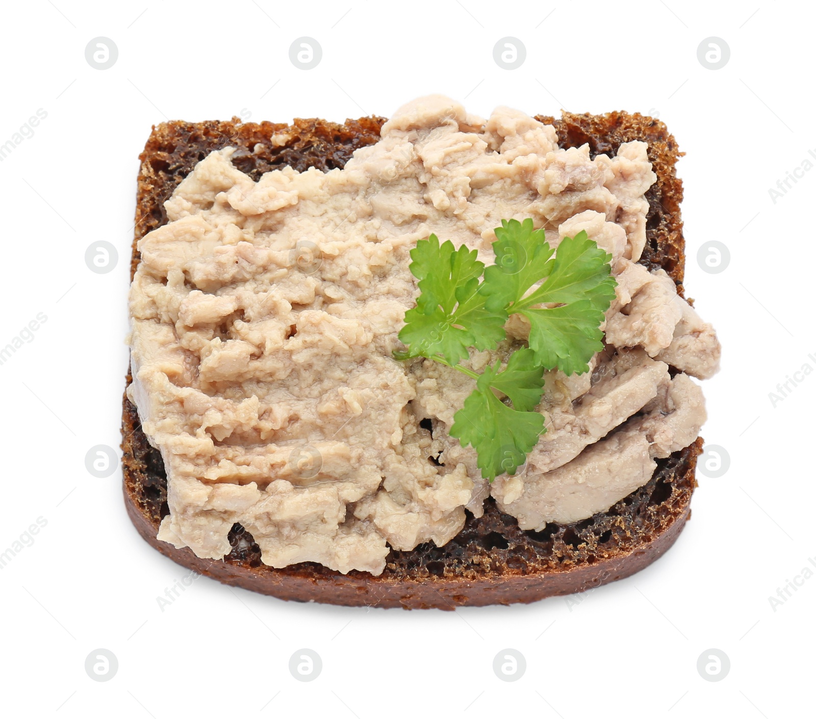 Photo of Tasty sandwich with cod liver and parsley isolated on white, top view