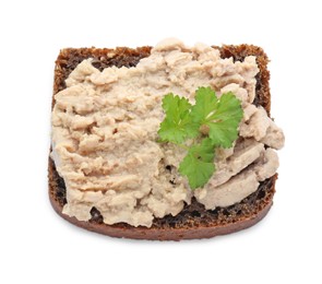 Photo of Tasty sandwich with cod liver and parsley isolated on white, top view