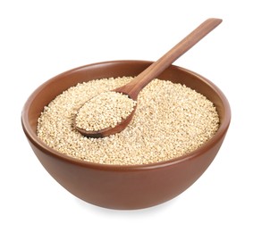 Bowl and spoon with quinoa on white background