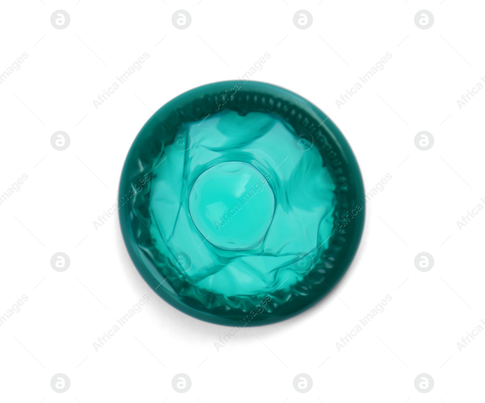 Photo of Unpacked green condom isolated on white, top view. Safe sex