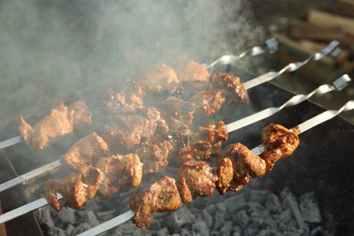 Cooking delicious meat on brazier outdoors, closeup