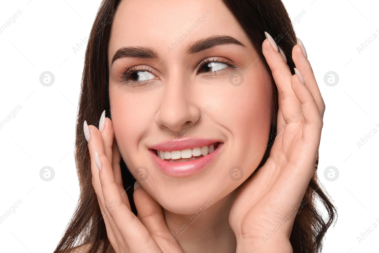 Photo of Beautiful young woman with healthy skin on white background, closeup