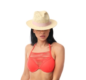 Photo of Beautiful young woman in stylish bikini with hat on white background