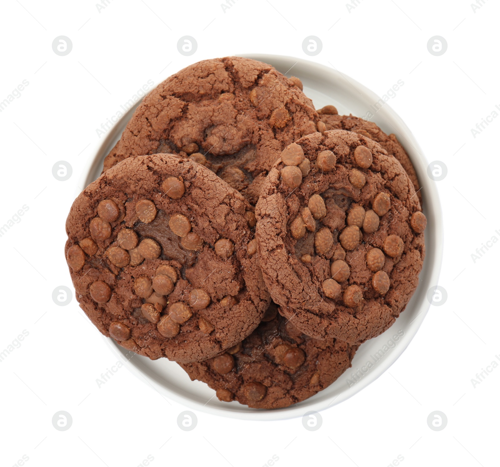 Photo of Plate of delicious chocolate chip cookies isolated on white, top view