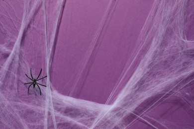 Photo of Cobweb and spider on violet background, top view